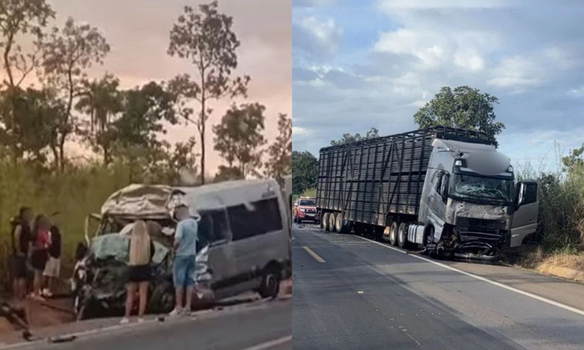 colagem de fotos. à esquerda aparece a van destruída appos acidente na BR-020. à direita, o caminhão destruído na frente