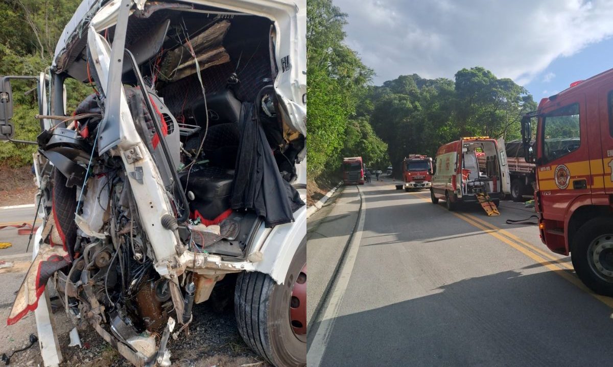 Veículo destruído após acidente entre caminhões na BR-282