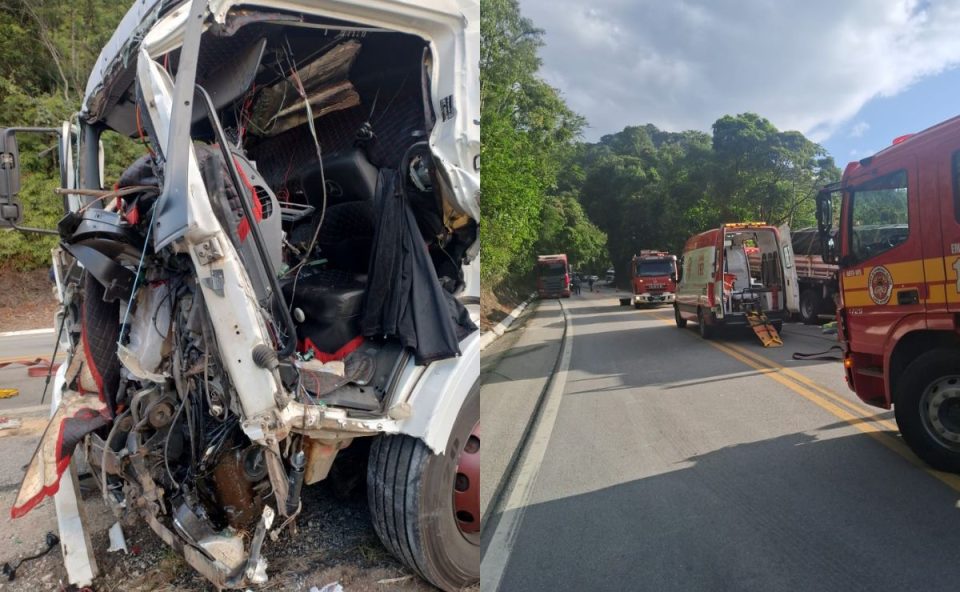 Veículo destruído após acidente entre caminhões na BR-282