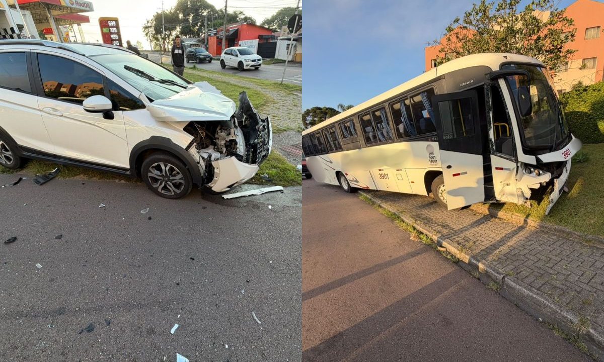 Carro e ônibus destruídos após acidente em cruzamento no Tingui
