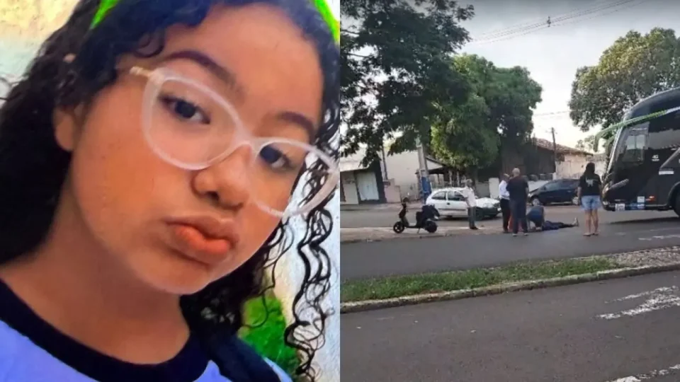 Colagem de duas fotos mostra adolescente de 14 anos posando para selfie. Ela usa óculos de grau, cabelos cacheados e uniforme de escola. À direita, outra foto mostra ela sendo socorrida após acidente com ônibus antes de morrer