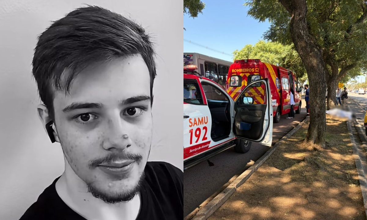 colagem de fotos. à esquerda foto preta e branca do adolescente que morreu atropelado em curitiba. à direta, foto do local do acidente
