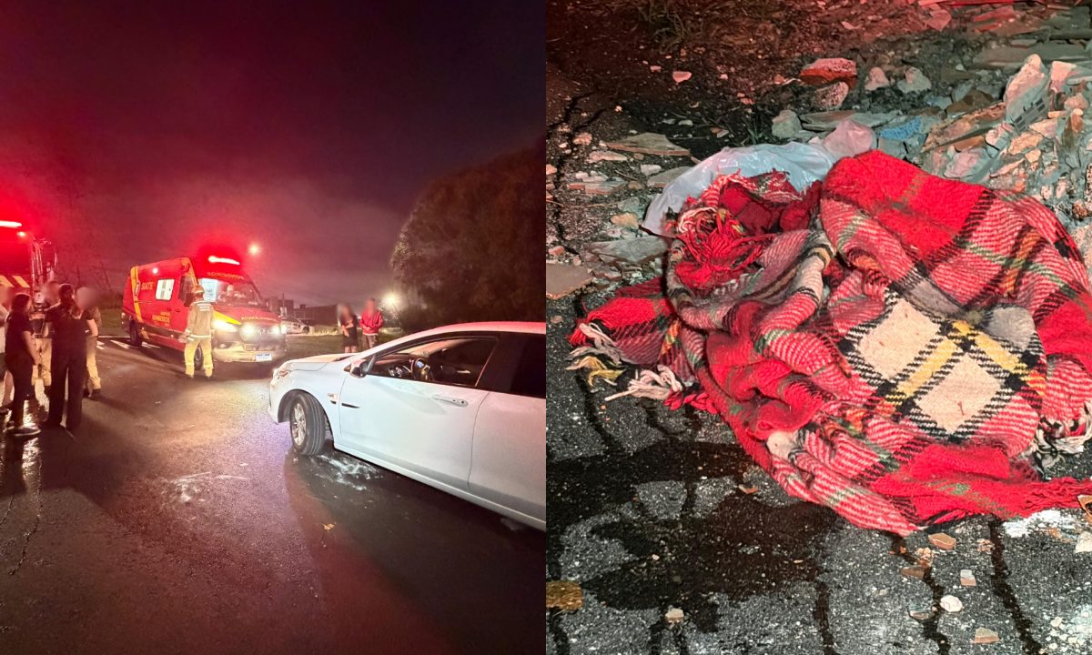 Colagem de duas fotos de um atropelamento no bairro Atuba, em Curitiba. A primeira mostra veículos de atendimento e socorro, enquanto a segunda mostra o local do acidente.