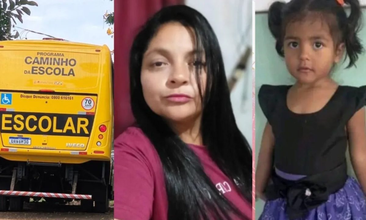 Colagem de três fotos mostra ônibus escolar e avó e neta que morreram atropeladas em estrada no Paraná