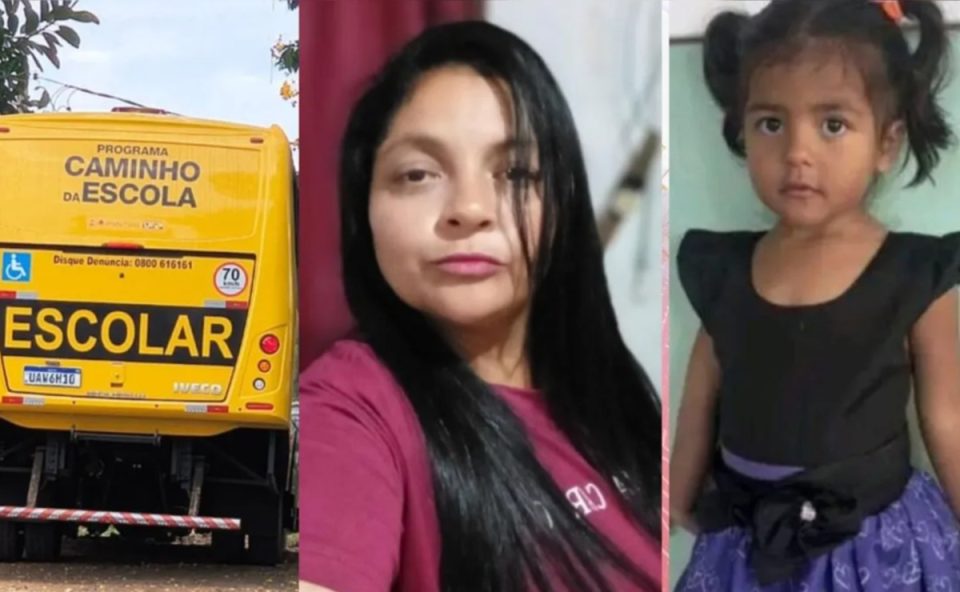 Colagem de três fotos mostra ônibus escolar e avó e neta que morreram atropeladas em estrada no Paraná