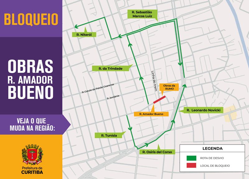 Imagem mostra mapa de ruas com bloqueio total e desvios para manutenção de linha férrea no bairro Cajuru, em Curitiba