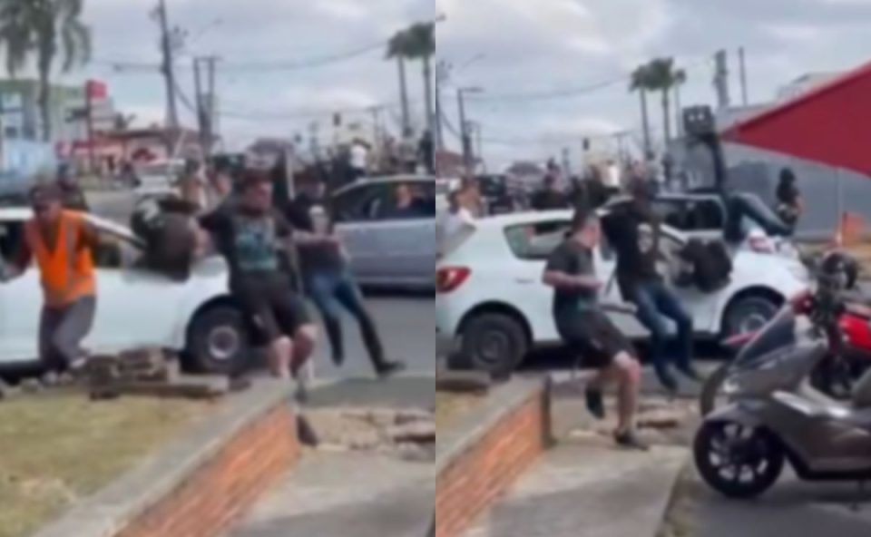 Homem é atingido por carro durante briga de torcedores no bairro Barreirinha, em Curitiba, enquanto grupo tenta fugir do veículo