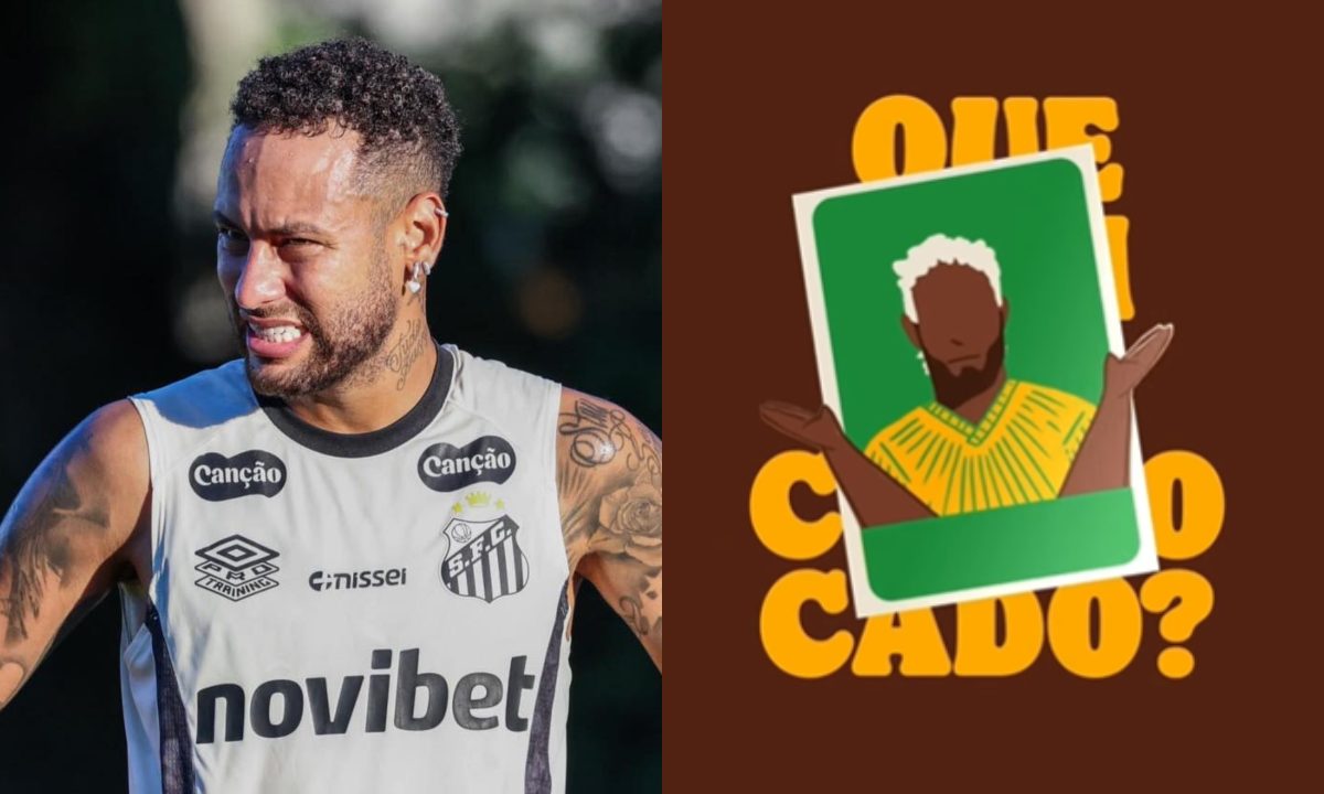 Colagem de duas imagens, uma de Neymar em treino pelo Santos e outra de uma campanha do Burger King com uma figurinha em alusão ao jogador.