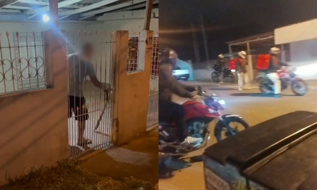 Fotos de morador no portão de casa e de motoboys em frente a casa do homem durante buzinaço em Almirante Tamandaré