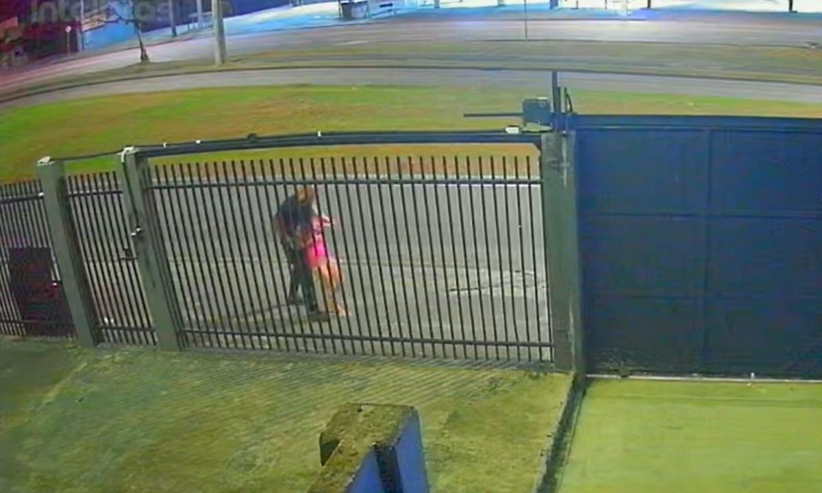 Captura de um trecho de um vídeo que flagrou uma jovem sendo arrastada à força por um homem antes de uma tentativa de abuso no bairro Pinheirinho, em Curitiba.