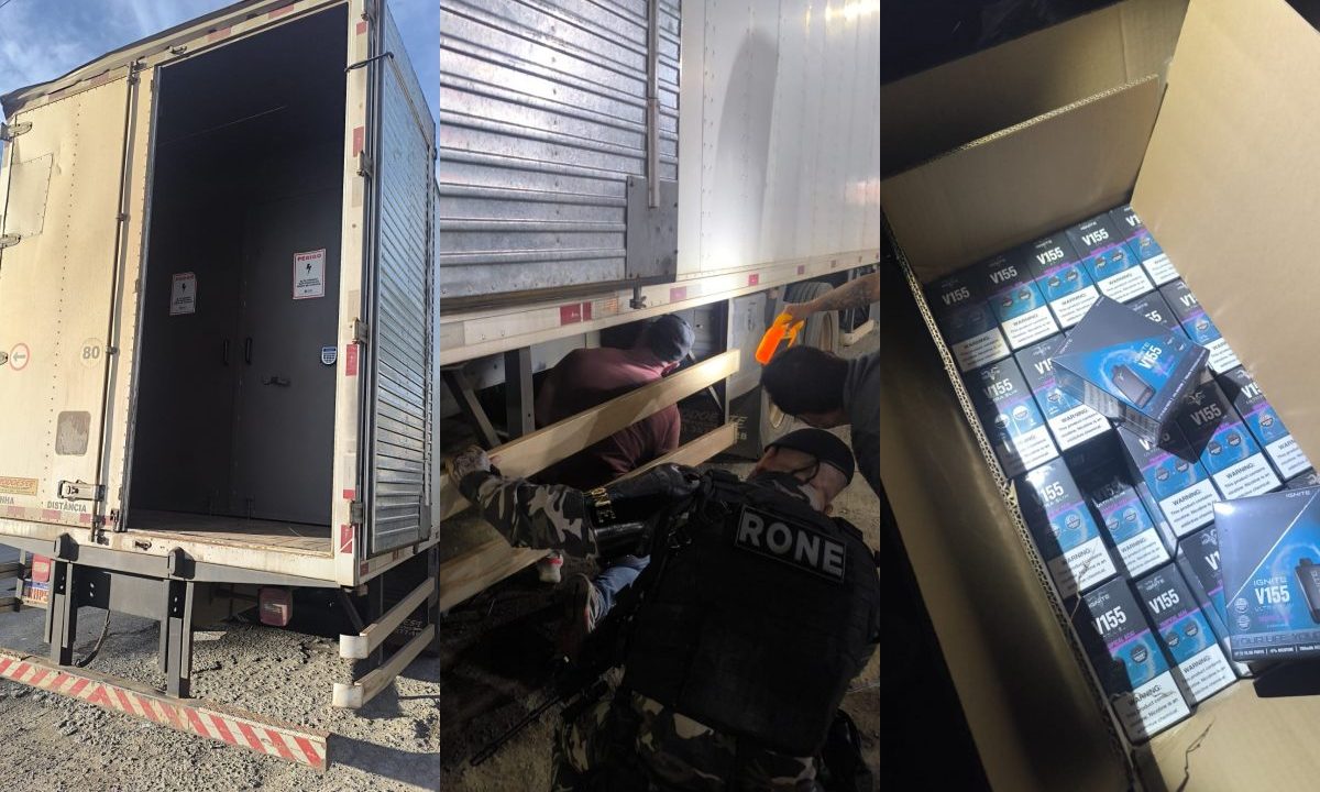 Foto mostra compartimento semelhante a cofre em caminhão e carga de cigarros eletrônicos apreendida após buscas feitas pela PM, em Campina Grande do Sul. Motorista foi preso
