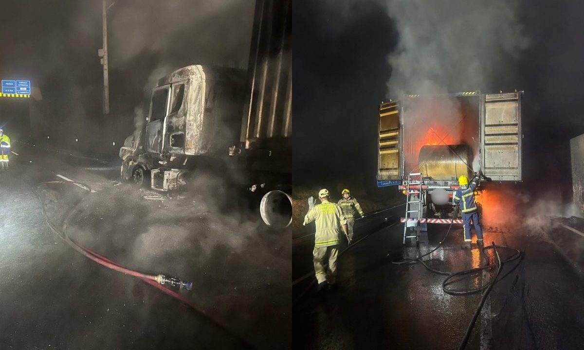 colagem de fotos do caminhão que pegou fogo na BR-277, em Balsa Nova