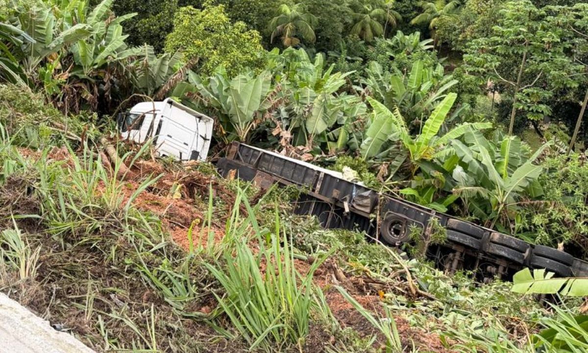 Caminhão de frango congelado caído em ribanceira na BR-277