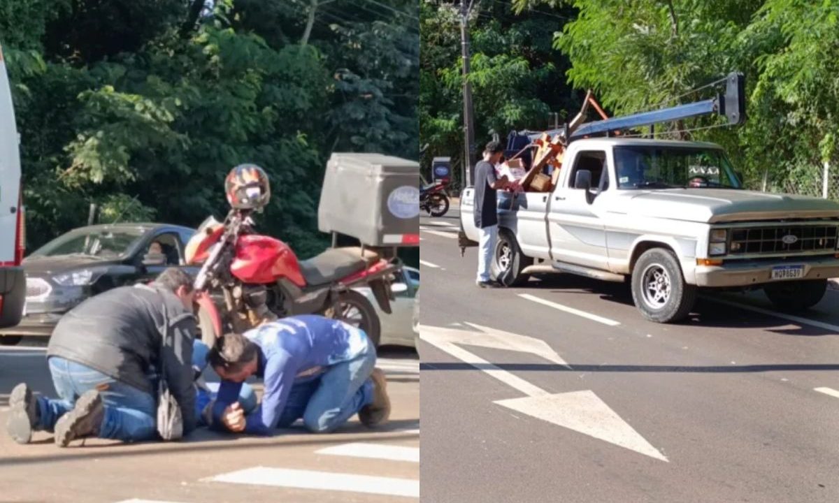 Socorristas antendendo motociclista caído na rua e caminhonete que invadiu a preferencial parado no cruzamento.