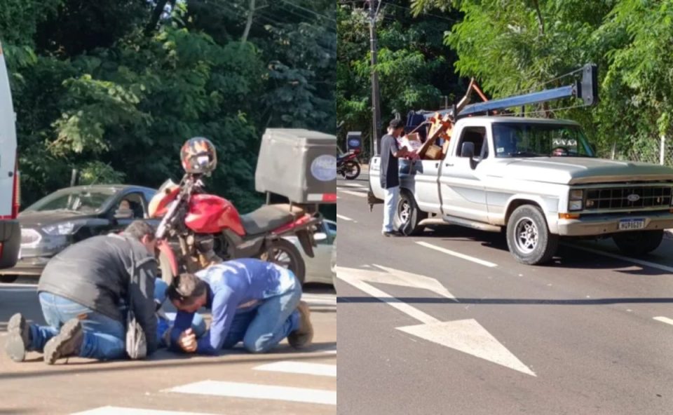 Socorristas antendendo motociclista caído na rua e caminhonete que invadiu a preferencial parado no cruzamento.