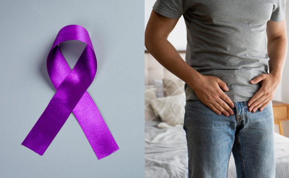 Laço roxo de conscientização ao lado de homem com as mãos na região da virilha, representando alerta para o câncer de testículo.