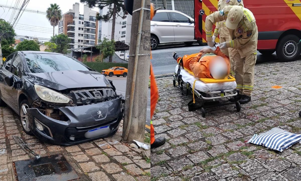 Montagem de carro que atropelou o gari ao lado do trabalhador em uma maca sendo atendido por um socorrista