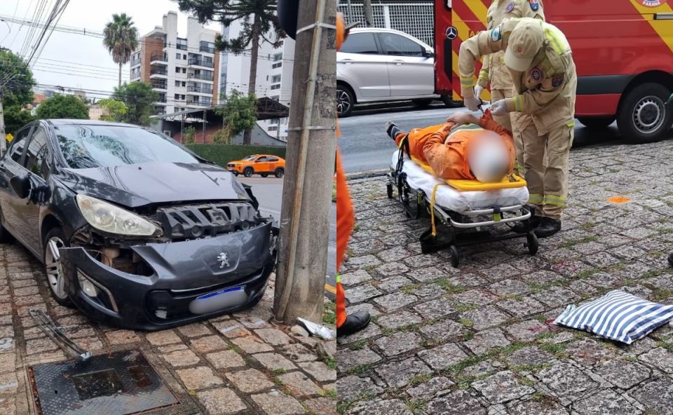 Montagem de carro que atropelou o gari ao lado do trabalhador em uma maca sendo atendido por um socorrista