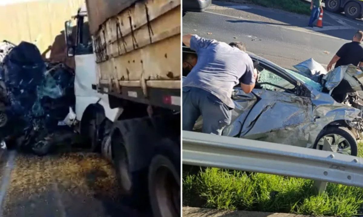 Carro esamagos após acidente com caminhões na BR-376