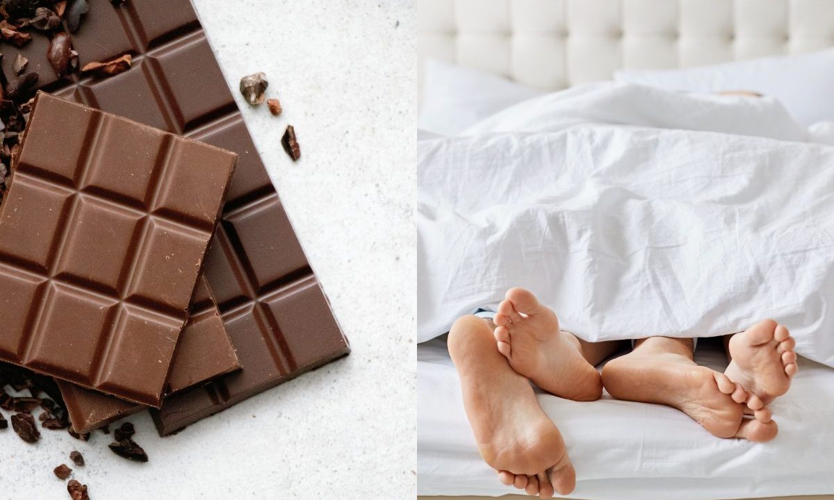 Montagem mostra barras de chocolate ao leite e, ao lado, dois pés sob um lençol em uma cama, sugerindo clima íntimo.