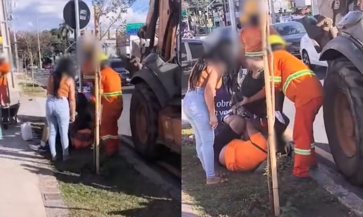 Foto montagem mostra o ciclista, alvo de agressão, jogado no chão. Primeira foto mostra uma mulher perto da vítima enquanto o motorista desfere golpes. Um trabalhador tenta apaziguar a situação. O agressor era motorista de uma caminhonete Amarok. Vítima usa camiseta laranja. Trabalhador está com roupas laranjas. A mulher está de calça jeans e regata bege. A vítima está caída no chão.