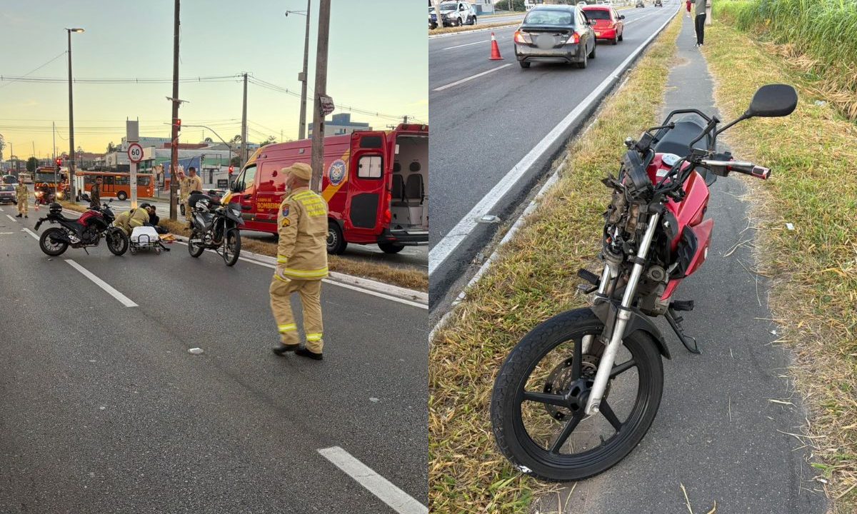 colagem defotos. à esquerda, aparece o local onde o ciclista morreu ao ser atropelado na Estrada da Ribeira, na imagem há ambulância do siate. à direita, foto da moto envolvida no acidente