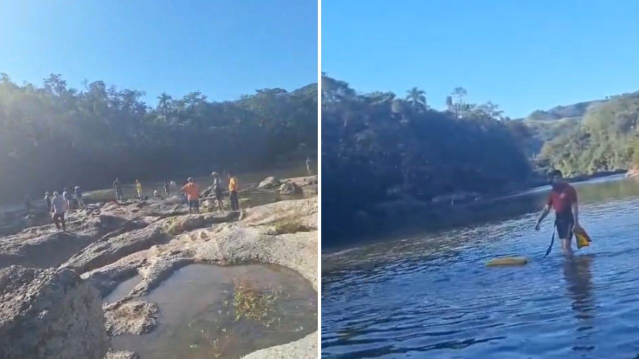 Dois meninos desaparecem após cair em rio entre Rio Branco do Sul e Cerro Azul, na Grande Curitiba. A imagem mostra moradores e equipes de resgate procurando os meninos no rio.