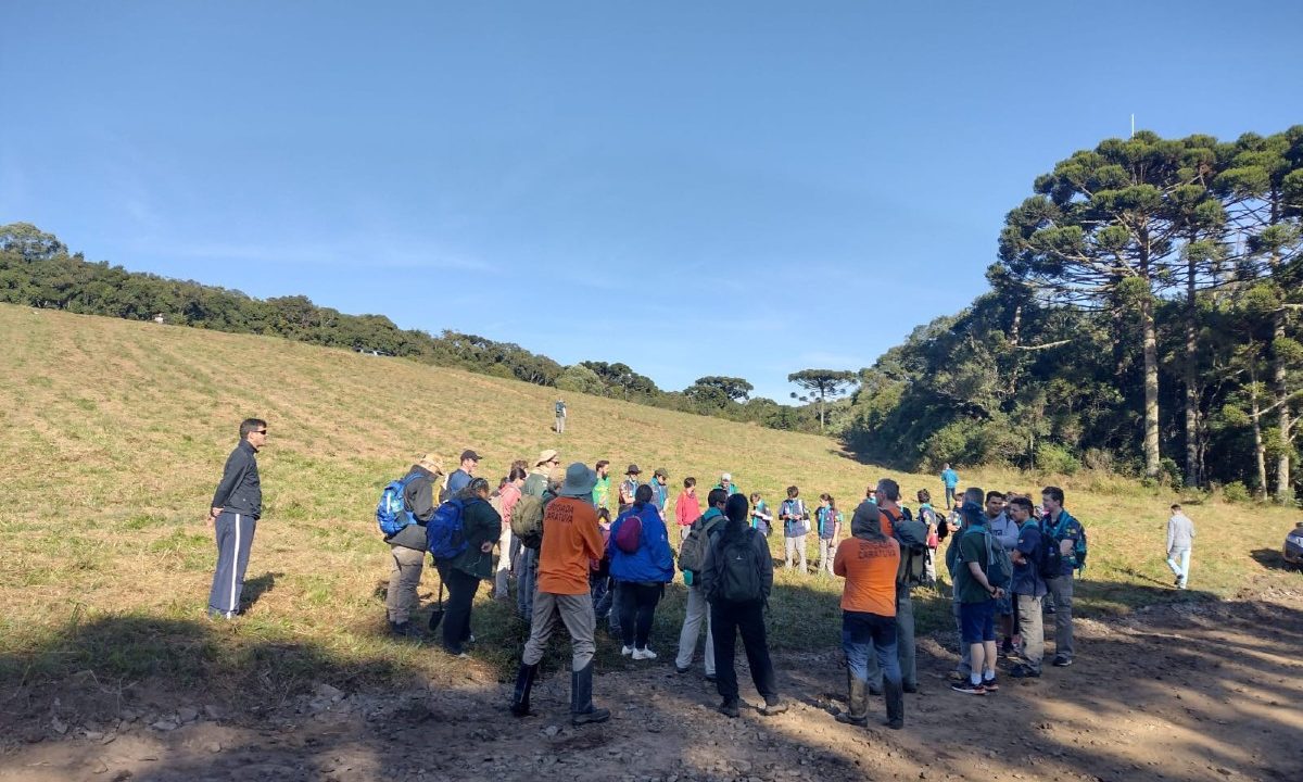 Foto mostra voluntários participando de curso de formação promovido pela Defesa Civil do Paraná em uma área florestal