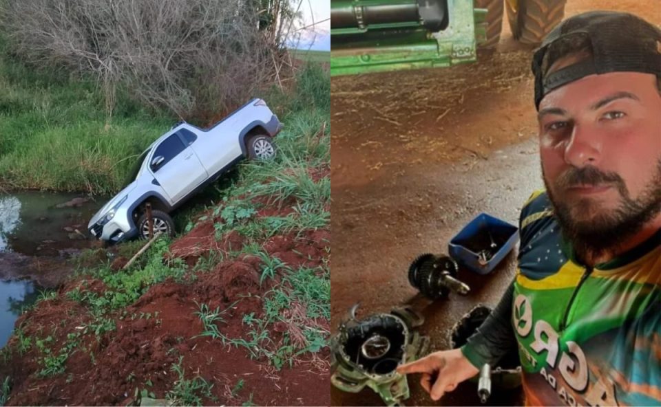 Foto montagem mostra duas imagens. Imagem do lado esquerdo mostra um Fiat Strada branco em uma área de barranco com barro e mato. O veículo está inclinado, quase caindo. Imagem do lado direito mostra o rosto do homem que desapareceu no Paraná. Ele é branco, tem barba e bigode, está com boné virado para rás.