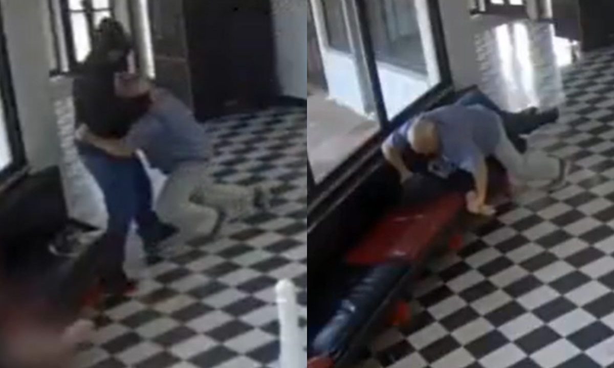 Foto montagem mostra o momento em que o diretor impede massacre em escola. Primeira foto mostra o educador indo pra cima do atirador, que veste roupa e touca preta. Segunda foto mostra o diretor em cima do atirador.
