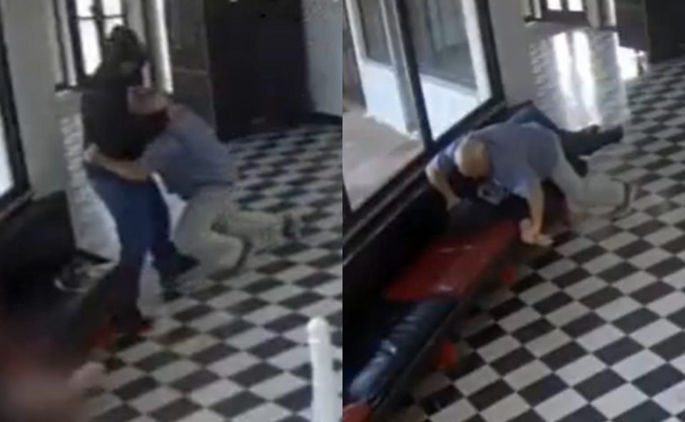 Foto montagem mostra o momento em que o diretor impede massacre em escola. Primeira foto mostra o educador indo pra cima do atirador, que veste roupa e touca preta. Segunda foto mostra o diretor em cima do atirador.