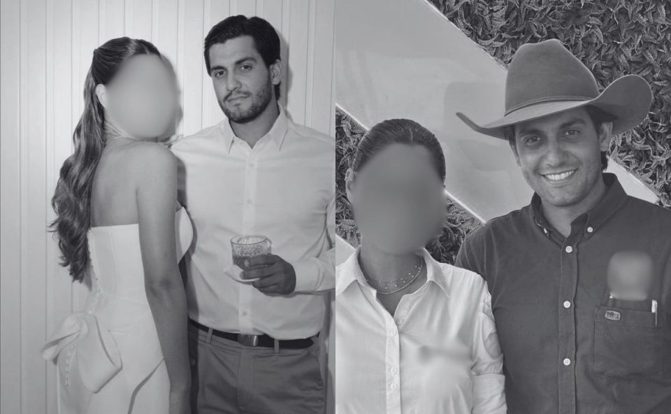 foto em preto e branco do empresário ao lado da noiva, antes de ser encontrado morto em fazenda 