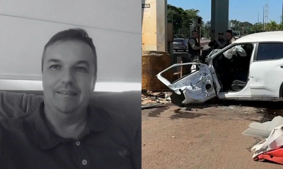 montagem de fotos. à esquerda, foto em preto e branco do engenheiro que morreu ao bater carro da prefeitura. à direita, foto do local do acidente