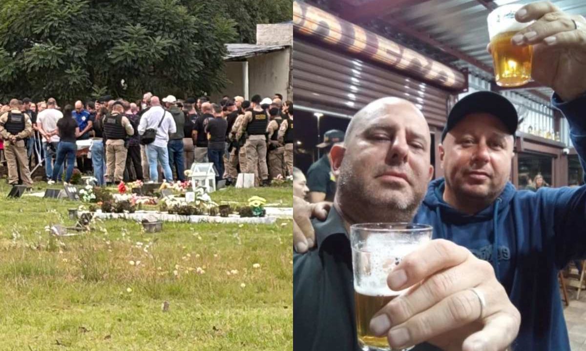 Sepultamento do policial morto a tiros e vítima e suspeito um ao lado do outro em montagem