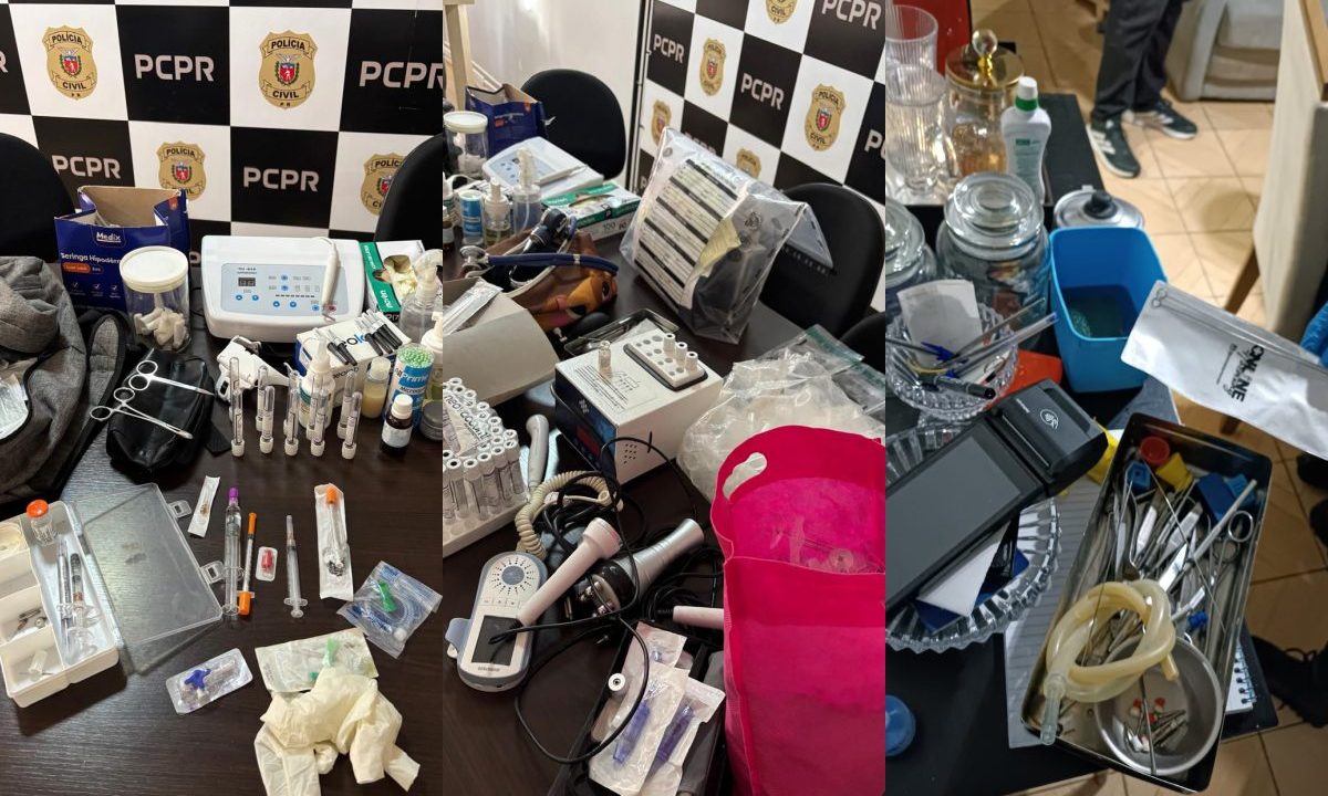 Foto mostra itens cirúrgicos apreendidos no endereço de estudante de biomedicina preso por voltar a atender após morte de paciente em razão de procedimentos estéticos
