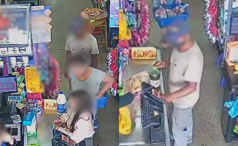 Imagem borrada mostra o falso pastor de piraquara dentro do supermercado, ao lado das meninas que foram perseguidas e abordadas por ele. Ele usa máscara e camiseta cinza.
