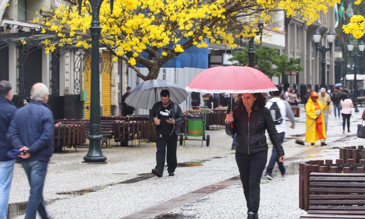 foto de pessoas andando com sombrinhas para ilustrar previsão do tempo e frente fria em curitiba