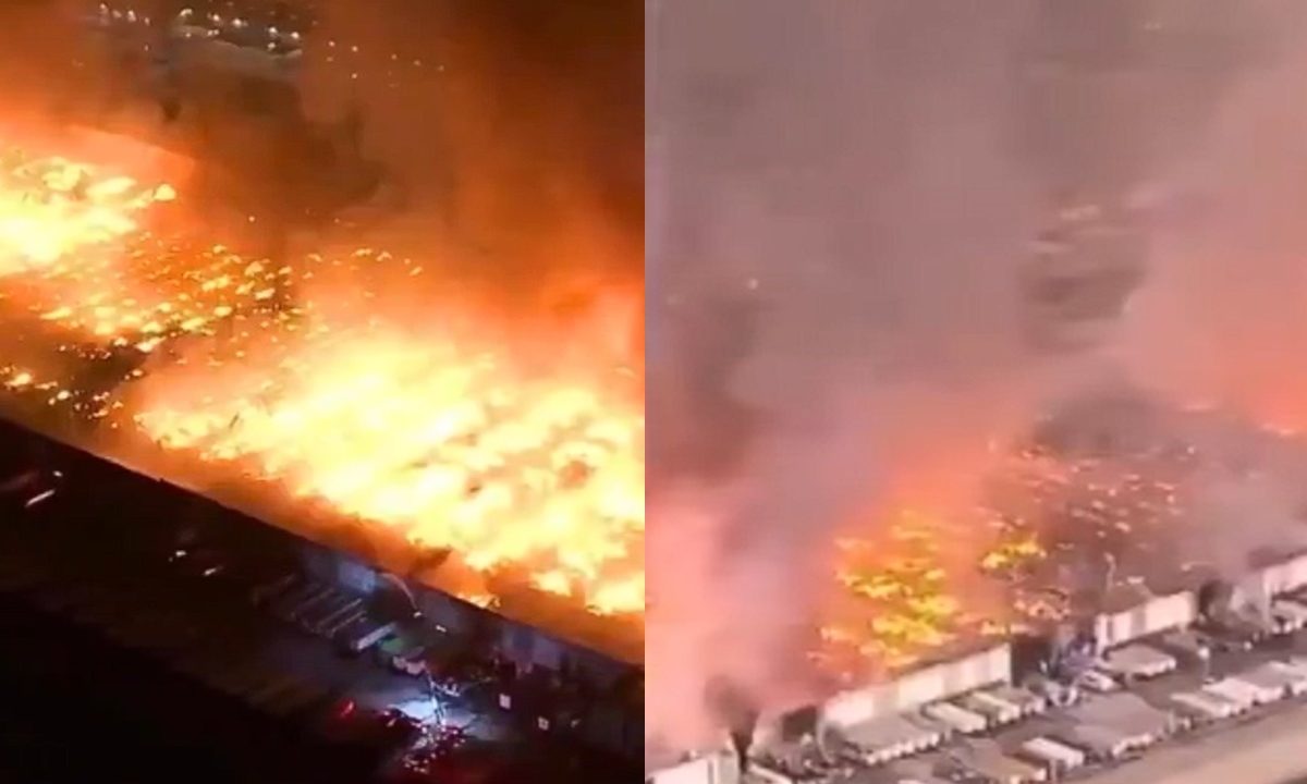 Capturas de trechos de vídeos que mostram incêndio em empresa nos Estados Unidos (EUA).