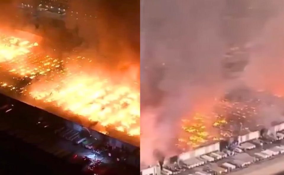 Capturas de trechos de vídeos que mostram incêndio em empresa nos Estados Unidos (EUA).