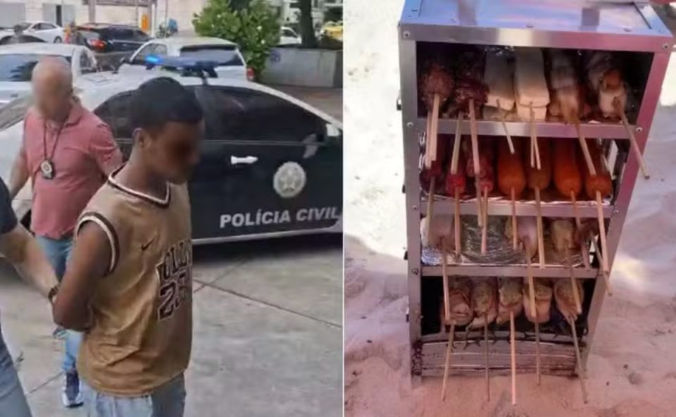 Colagem com duas imagens, mostrando a apreensão do suspeito de aplicar golpe com espetinho. Ao lado, foto dos churrasquinhos vendidos.