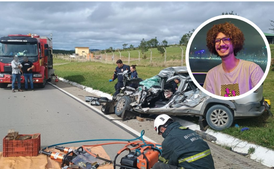 Foto mostra carro totalmente destruído após batida contra caminhão em rodovia de Santa Catarina e o rosto do DJ que morreu dentro de um círculo, adicionado por edição. Socorristas estão no entorno do carro