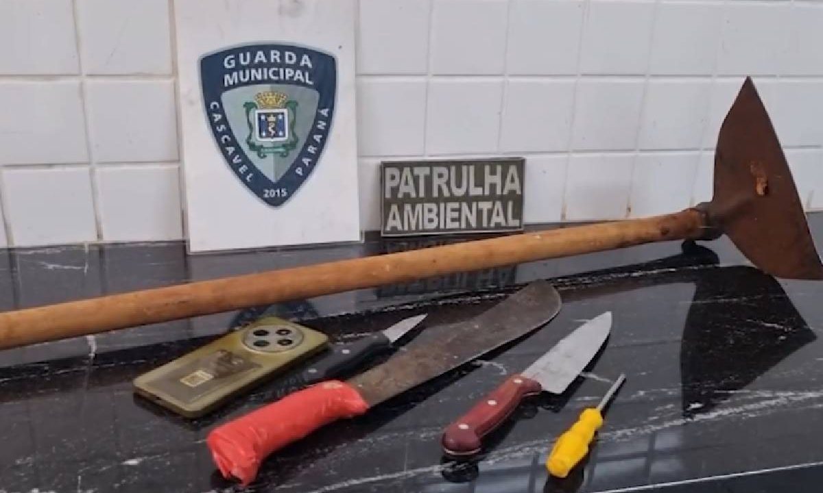 Foto mostra enxada e facas utilizadas por homem que deu soco em chefe após ser demitido