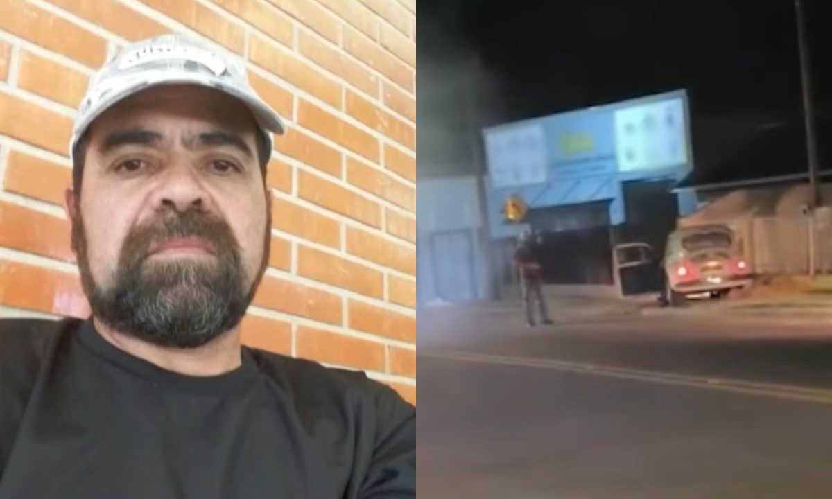 Foto montagem mostra o homem morto em um Fusca em Campo Largo, ele era conhecido como Edinho. Na foto, ele aparece do lado esquerdo, com um boné branco e camiseta preta. Ele tem barba e bigode.