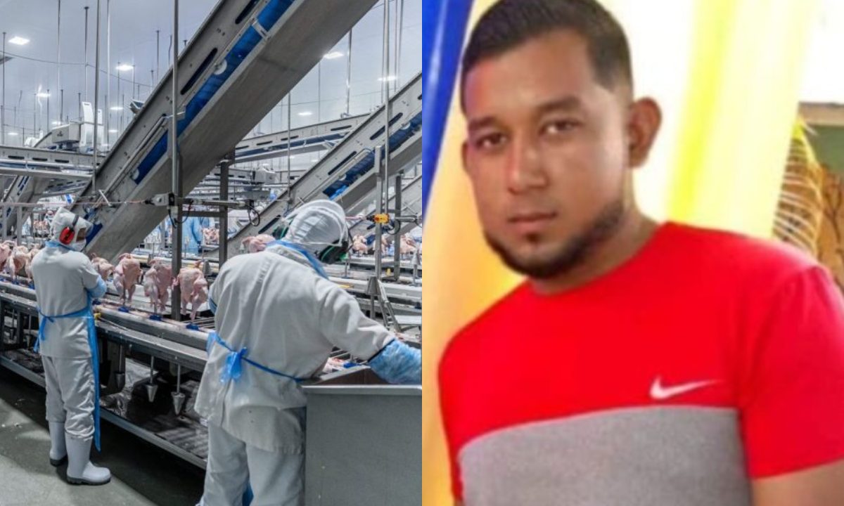 Colagem de fotos do frigorífico onde homem matou colega de trabalho e da vítima, identificada como Jahan Rojas.