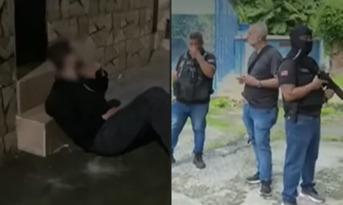 Foto de homem suspeito de matar a mãe ao lado da foto de policiais durante ocorrência