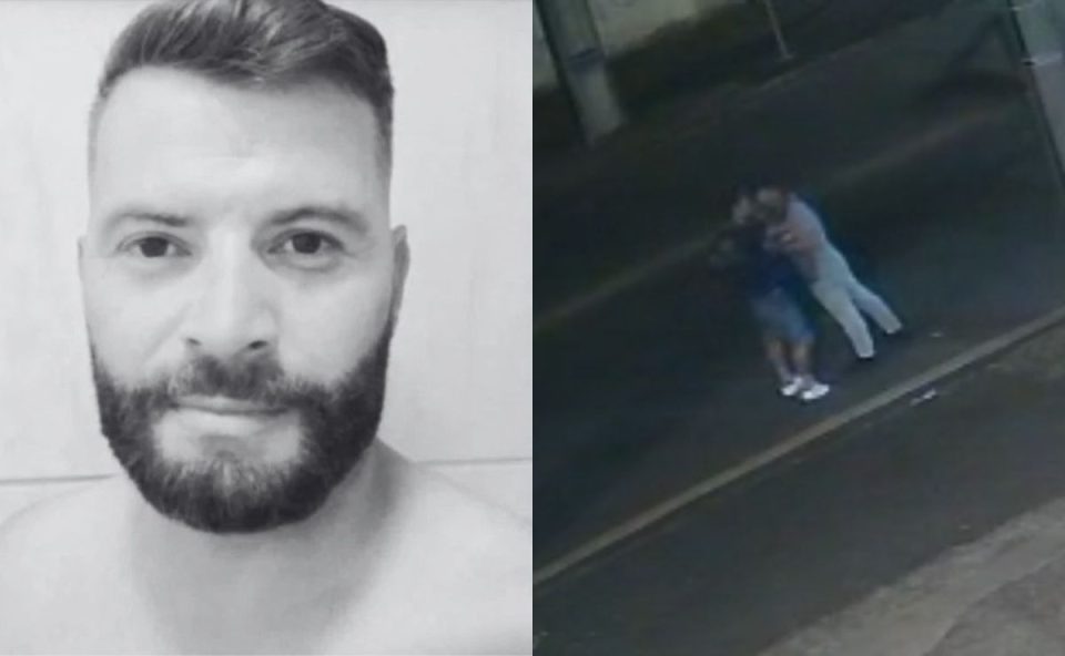 colagem de fotos. à esquerda, foto da vítima em preto e branco. à direita, foto do momento em que o homem mata a vítima, pai de quatro filhos