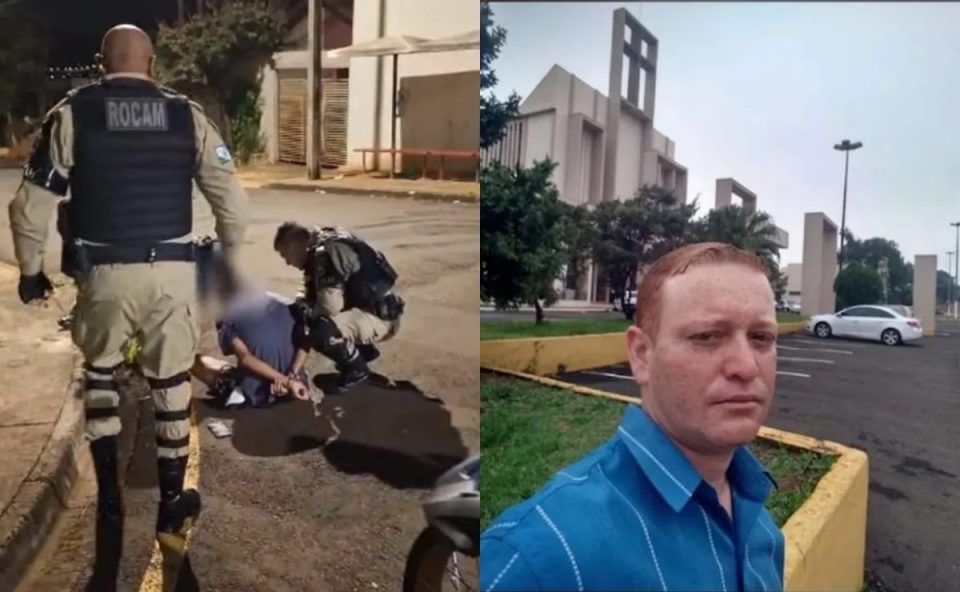 Colagem de duas fotos mostra, à esquerda, suspeito de matar homem a tesouradas sendo algemado por policiais militares no chão. À direita, Bruno Alfredo dos Santos, de 37 anos, homem que foi morto a tesouradas no Paraná, posa para selfie em frente a uma igreja católica. Ele usa uma camisa azul, com listras brancas.