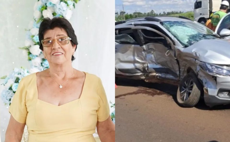 Foto da idosa que morreu no acidente e foto de caminhonete batida na BR-376