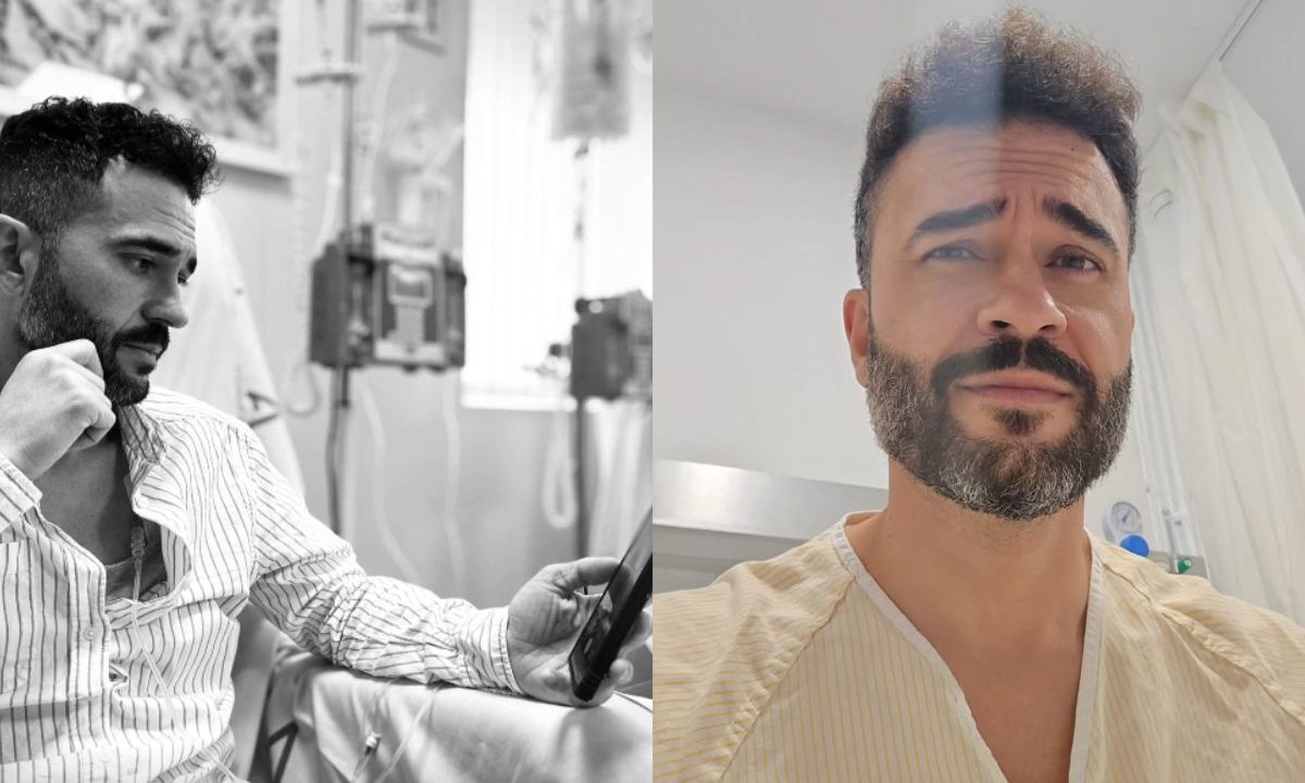 Homem de 33 anos em hospital, em dois momentos: à esquerda em preto e branco olhando o celular durante tratamento de câncer e à direita em selfie com expressão séria