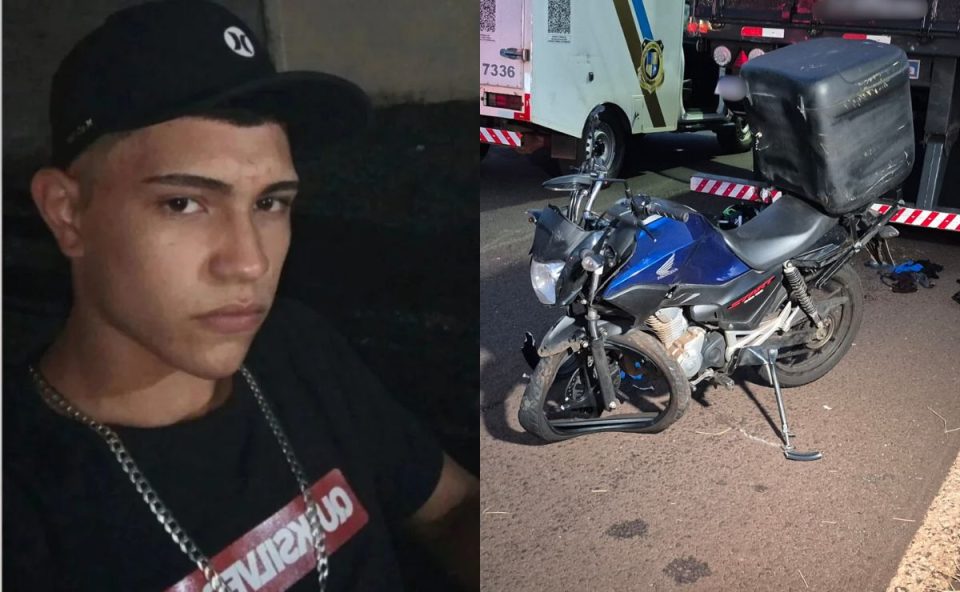 colagem de fotos. à esquerda, foto do jovem que morreu ao bater moto em carreta. à direita, foto da moto da vítima 